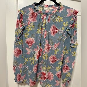 LOFT Blue Blouse with Pink and Yellow Floral Design
